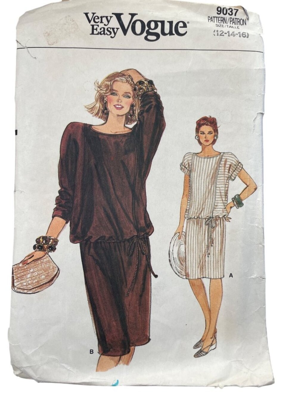 Vintage 80s Very Easy Vogue 9037 Dress Sewing Pattern Size 12 14 16 Retro CUT